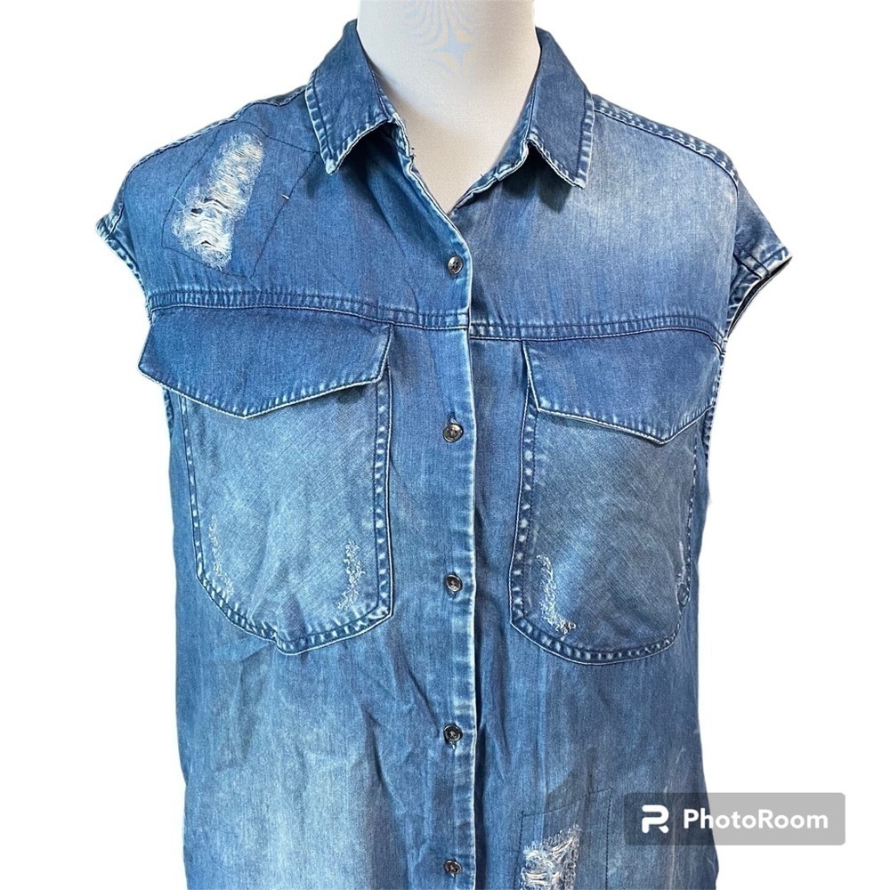Calvin Klein denim sleeveless button down shirt dress distressed NWT small - Picture 3 of 9
